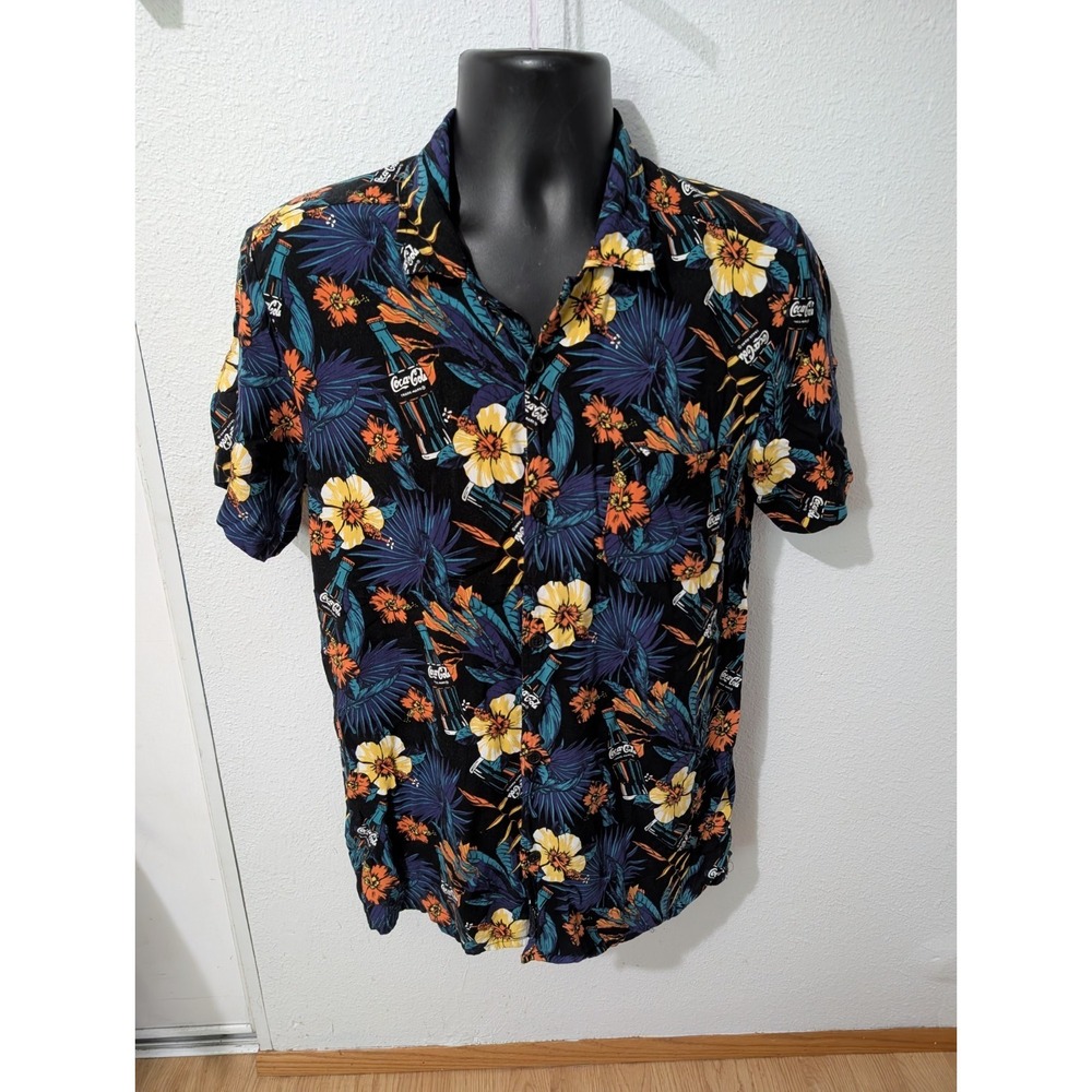 Coca Cola Aloha Shirt Mens M Tropical Floral Bottle Print Black Rayon Vacation
